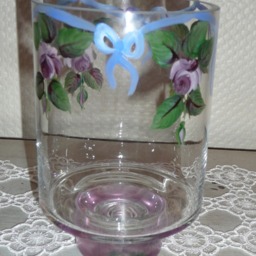 Hand-Painted Glass Tealight Holder Or Vase Rose & Blue Ribbon Motif - thumbnail 2