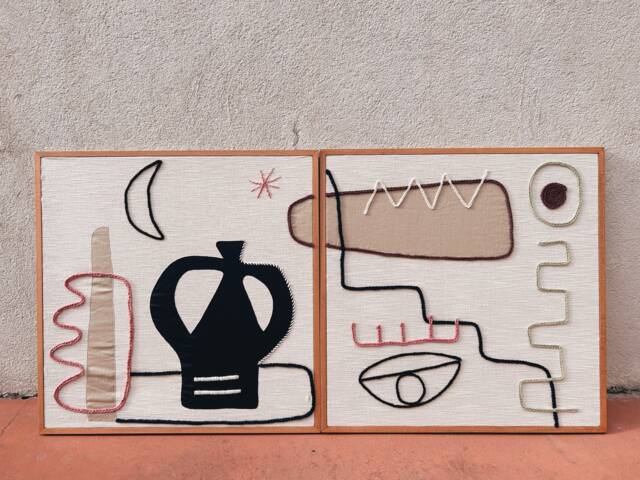 Hand Woven Tapestry Wall Art Nyx Diptych Framed Work Diptych, Boho Hanging, Textile Art. Handcraft Art With Eye Icon - image 1