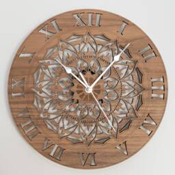 Handmade Wooden Silent Ornate Mandala Wall Clock Up To 90cm in Oak, Cherry Or Walnut - Silver Gold Hands - thumbnail 2