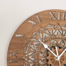 Handmade Wooden Silent Ornate Mandala Wall Clock Up To 90cm in Oak, Cherry Or Walnut - Silver Gold Hands