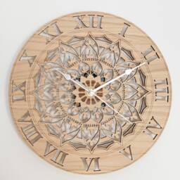 Handmade Wooden Silent Ornate Mandala Wall Clock Up To 90cm in Oak, Cherry Or Walnut - Silver Gold Hands - thumbnail 4