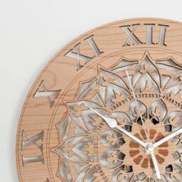 Handmade Wooden Silent Ornate Mandala Wall Clock Up To 90cm in Oak, Cherry Or Walnut - Silver Gold Hands - thumbnail 3