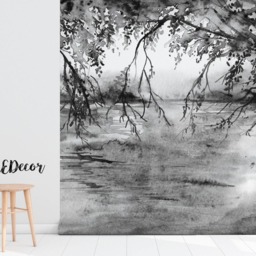 Monochrome Tree Branches River Lake Landscape Removable Wallpaper, Wall Decor, Mural, Peel & Stick, Painting, Black & White #64 - thumbnail 2