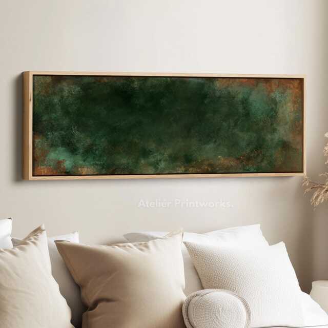 Dark Green Abstract Wall Art Horizontal Long Canvas Print in Forest & Copper Tones For Living Room Office Or Bedroom Decor - image 1