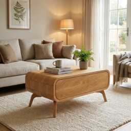Coffee Table in Solid Wood With A Drawer, Storage Table, Art Deco Center Living Room Table Made Of Solid Oak - thumbnail 2