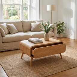 Coffee Table in Solid Wood With A Drawer, Storage Table, Art Deco Center Living Room Table Made Of Solid Oak - thumbnail 3