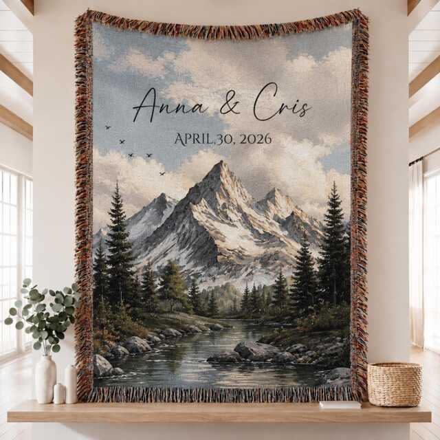 Personalized Mountain Woven Blanket, Outdoorsy Couple Adventure Couples Anniversary Nature Lovers Engagement Gift - image 1