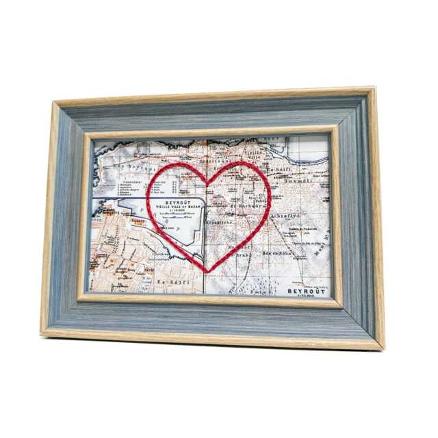 Beirut Heart Map - Custom Gift Lebanon Anniversary Framed Wedding Vintage Print Of W Hand-Embroidered - image 1