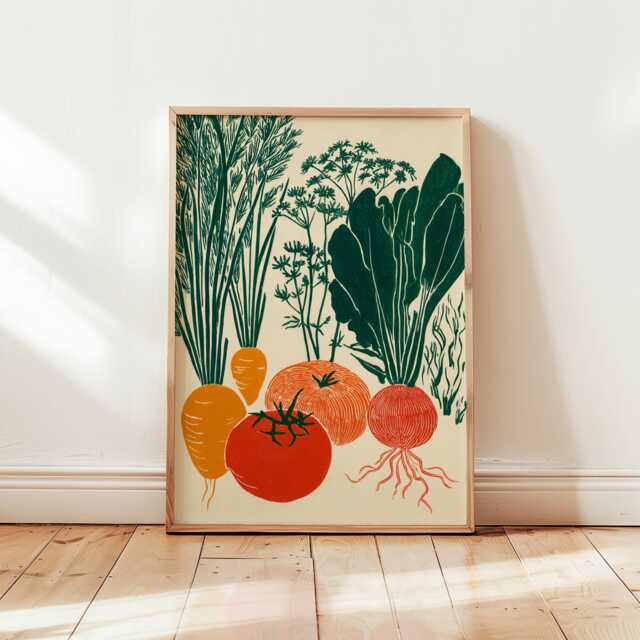 Garden Vegetable Art Print - Retro Linocut Kitchen Wall Minimalist Tomato & Squash Illustration - image 1