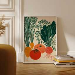 Garden Vegetable Art Print - Retro Linocut Kitchen Wall Minimalist Tomato & Squash Illustration - thumbnail 2