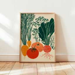 Garden Vegetable Art Print - Retro Linocut Kitchen Wall Minimalist Tomato & Squash Illustration - thumbnail 1