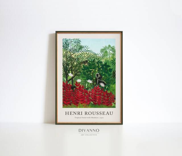 Rousseau Tropical Forest Print, Monkey Jungle Art, Exotic Floral Canvas - Digital - image 1