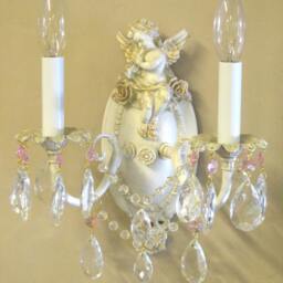 Cottage Chic Style Cherub Double Light Wall Sconce With Crystals - thumbnail 4