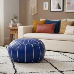 Next Day Delivery Prefilled Handmade Moroccan Leather Pouf Round Boho Ottoman Footstool - thumbnail 2
