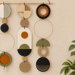 Geometric Plywood Wall Art - Mid-Century Modern Hanging Tapestry - thumbnail 3
