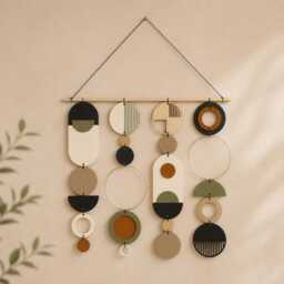 Geometric Plywood Wall Art - Mid-Century Modern Hanging Tapestry - thumbnail 2