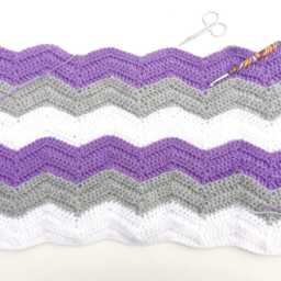 Handmade Chevron Baby Blanket, Purple Gray White, Stroller Crib Throw - thumbnail 3