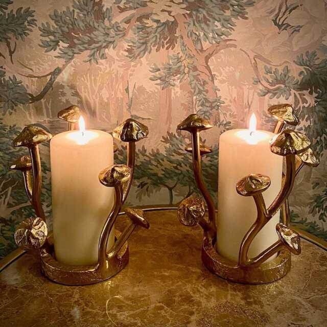 A Pair Of Gold Mushrooms Pillar Candle Holders