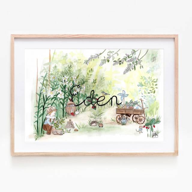 Illustration Of Child's First Name, Child Poster Frame, Watercolor, Garden, Animals - image 1
