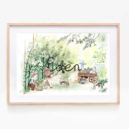 Illustration Of Child's First Name, Child Poster Frame, Watercolor, Garden, Animals - thumbnail 1
