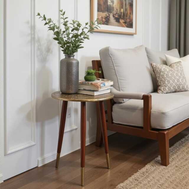 Handcrafted Mango Wood Side Table Embossed Brass Inlay, Detachable Legs - image 1