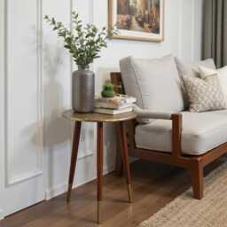 Handcrafted Mango Wood Side Table Embossed Brass Inlay, Detachable Legs - thumbnail 1