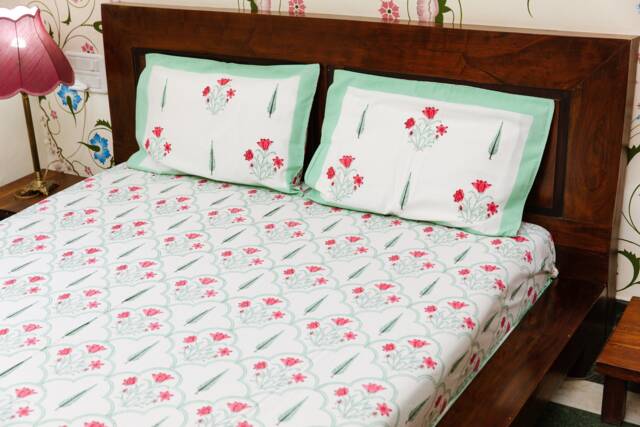 Pink Lilies - Hand Block Printed Cotton Bed Cover With Two Pillow Cases, Flat Sheet, King Size, Floral, Ethical, Handmade, White, Red, Mint - image 1