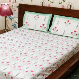 Pink Lilies - Hand Block Printed Cotton Bed Cover With Two Pillow Cases, Flat Sheet, King Size, Floral, Ethical, Handmade, White, Red, Mint - thumbnail 4