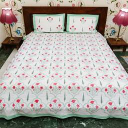 Pink Lilies - Hand Block Printed Cotton Bed Cover With Two Pillow Cases, Flat Sheet, King Size, Floral, Ethical, Handmade, White, Red, Mint - thumbnail 3