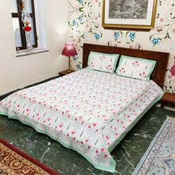 Pink Lilies - Hand Block Printed Cotton Bed Cover With Two Pillow Cases, Flat Sheet, King Size, Floral, Ethical, Handmade, White, Red, Mint - thumbnail 2