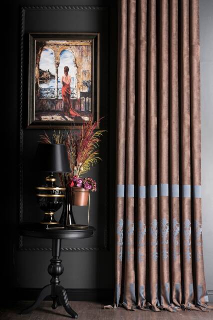 Damask Curtain Panel Luxury Striped Drape, Brown & Blue, Custom Size - image 1