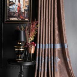 Damask Curtain Panel Luxury Striped Drape, Brown & Blue, Custom Size - thumbnail 3