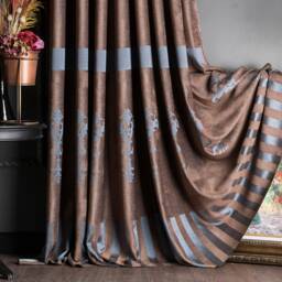 Damask Curtain Panel Luxury Striped Drape, Brown & Blue, Custom Size - thumbnail 2