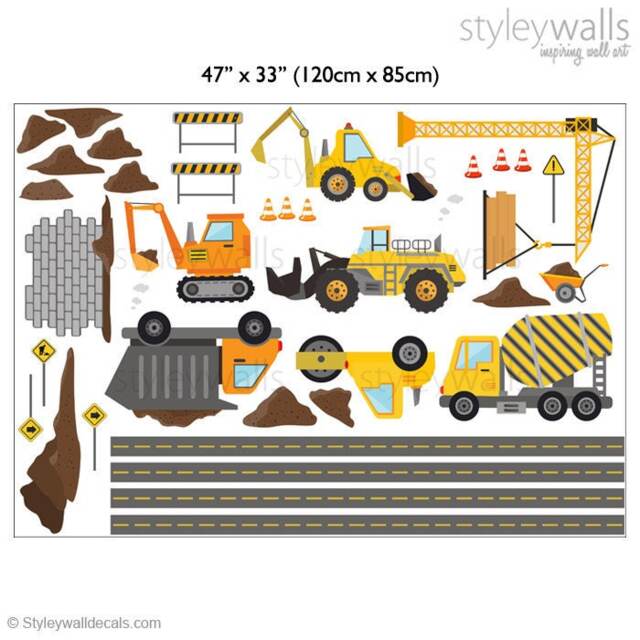 Construction Vehicles Wall Decal, Site Decal Sticker, Trucks Road Decals, Boys Room Decor Sticker - image 1