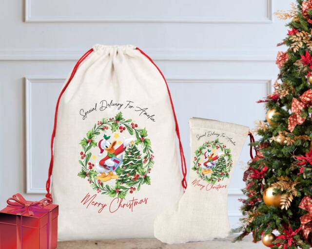Personalised Donald Duck Christmas Sack/stocking, Santa Sack, Eve, Eve Box, First Gift, Mickey & Friends - image 1