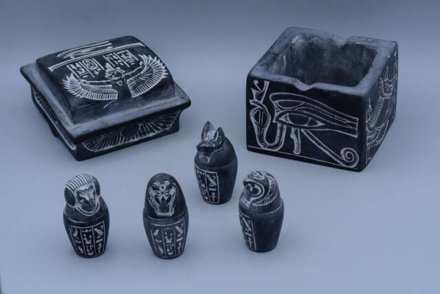 Canopic Box Jars 4 Art Pharaonic - 2 Color Carved Inscriptions Stone Made in Egypt - image 1