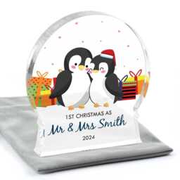 Personalised First Christmas As Mr & Mrs, 1st Married, & Mrs Decoration, Penguin Couple, New Husband Wife With Grey Bag - thumbnail 2