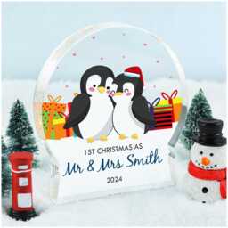 Personalised First Christmas As Mr & Mrs, 1st Married, & Mrs Decoration, Penguin Couple, New Husband Wife With Grey Bag - thumbnail 1