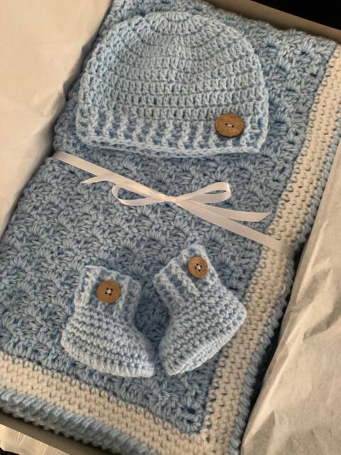 Handmade Baby Boy Gift Set -Crochet Blue Afghan - Blanket Nursery Hat & Booties Shower - image 1