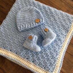 Handmade Baby Boy Gift Set -Crochet Blue Afghan - Blanket Nursery Hat & Booties Shower - thumbnail 2