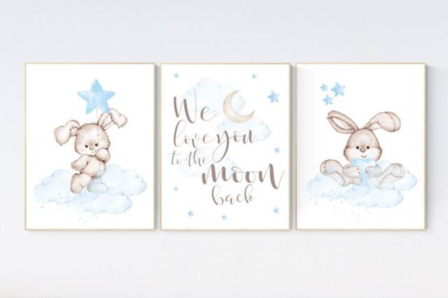 Bunny Nursery Print Set Moon & Stars, Boy Room Decor - image 1