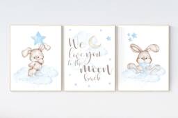 Bunny Nursery Print Set Moon & Stars, Boy Room Decor - thumbnail 1