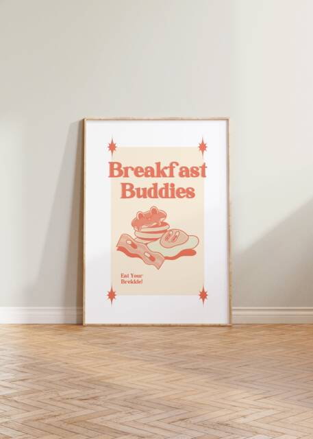 Retro Wall Art, Breakfast Buddies Poster, Print, Decor, Funny Quote Cartoon Kitchen Decor - image 1