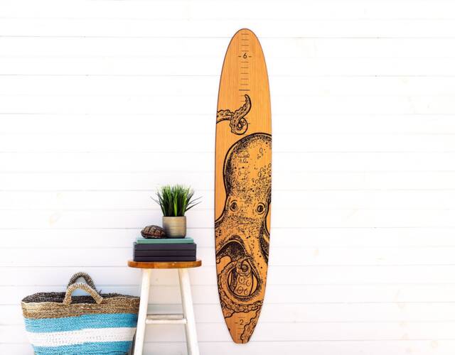 Octopus Wood Surfboard - Growth Chart Longboard Decor Surf Baby Nautical Wall Art Sign - image 1