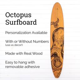 Octopus Wood Surfboard - Growth Chart Longboard Decor Surf Baby Nautical Wall Art Sign - thumbnail 2
