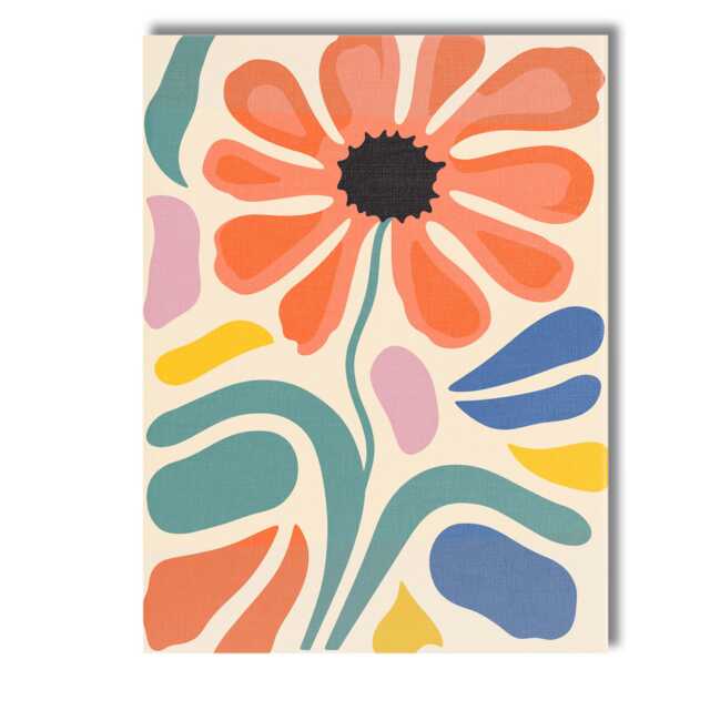 Abstract Coral Daisy With Teal Organic Shapes Modern Botanical Canvas Wall Art Print Decor Picture Ready To Hang - image 1