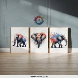 Elephant Print Set - 3 Wall Art Posters - Animal Home Decor Watercolour Painting Design Elephants Artwork Nature Prints Room Gift - thumbnail 2