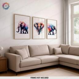 Elephant Print Set - 3 Wall Art Posters - Animal Home Decor Watercolour Painting Design Elephants Artwork Nature Prints Room Gift - thumbnail 1