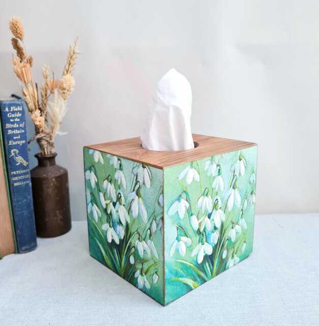 Snowdrops Square Wooden Tissue Box, Green White Floral Luxury Pine Cover, Hand Decorated - image 1