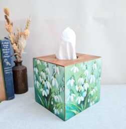 Snowdrops Square Wooden Tissue Box, Green White Floral Luxury Pine Cover, Hand Decorated - thumbnail 1